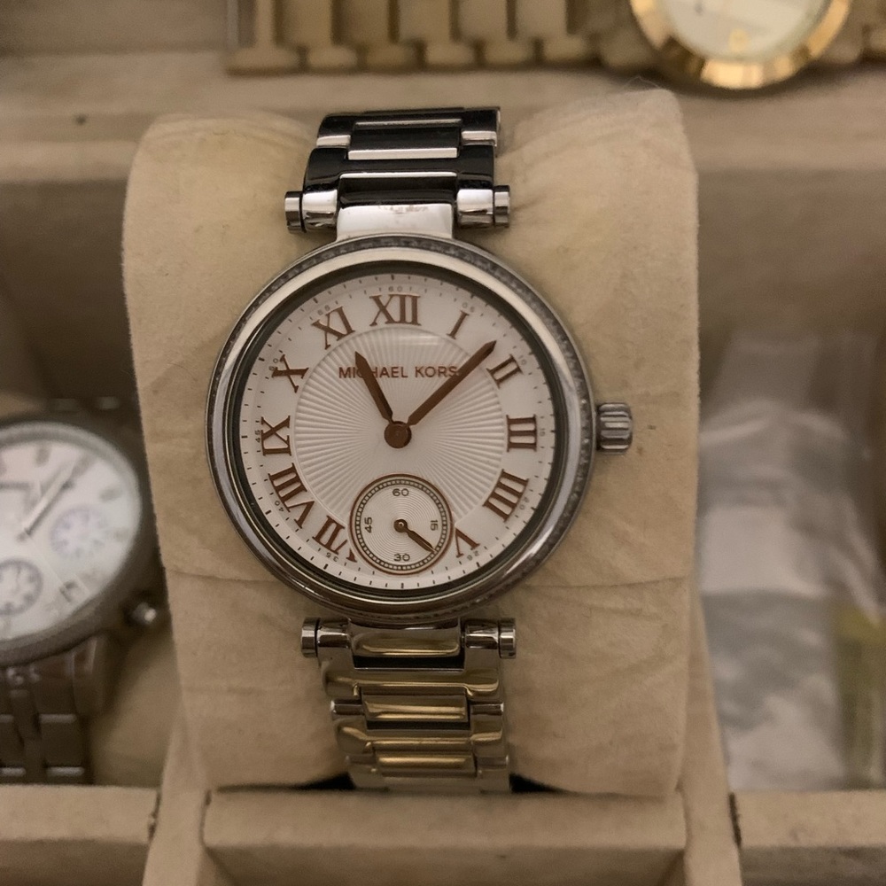 Michael Kors Stainless Steel Crystal and Rose Gold Pearl Face Watch